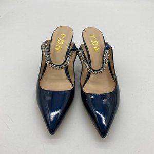 YDN blue patent leather pointy toe sliver spiral low heels slingback shoes